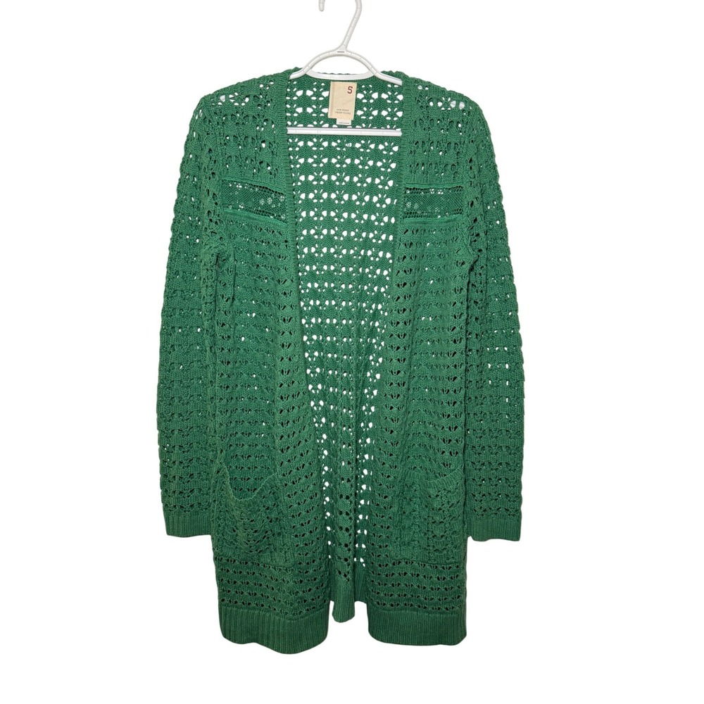 Far Away‎ From Close Green Crochet Knit Long Cardigan Sweater Womens Small